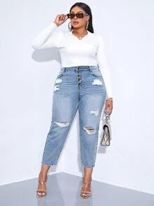 SHEIN SXY Hơn Quần jean rách phù hợp với mẹ - Rửa nhẹ - Xem 5