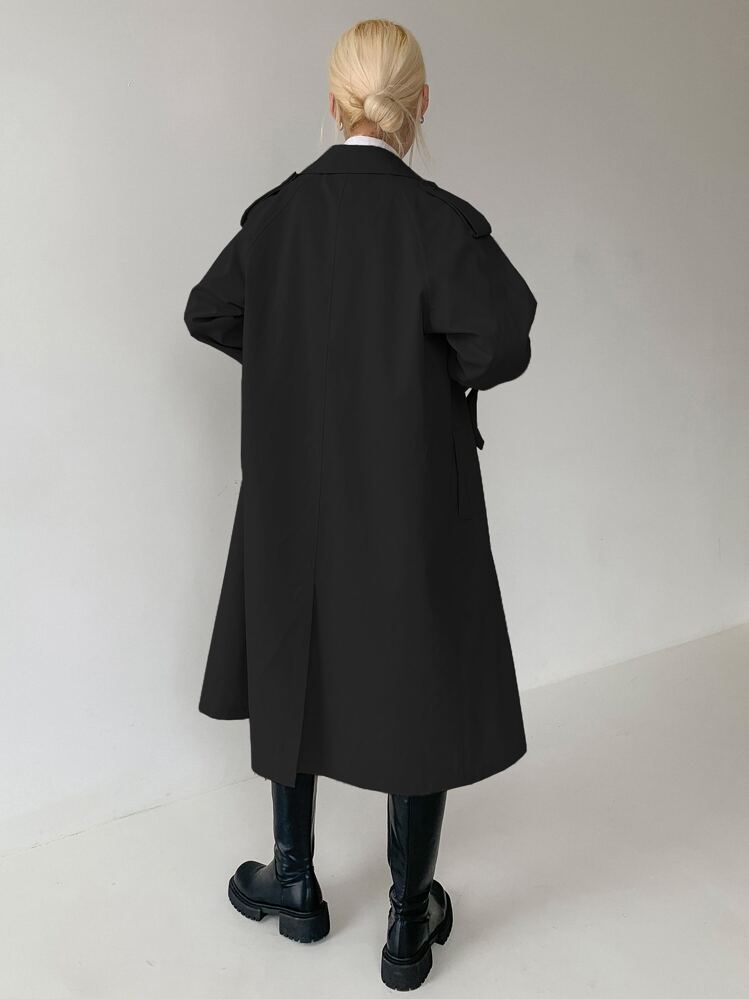 DAZY Raglan Sleeve Epaulettes Design Slit Back Double Breasted Trench Coat,Fall Clothes Women Jacket - Black - View 2