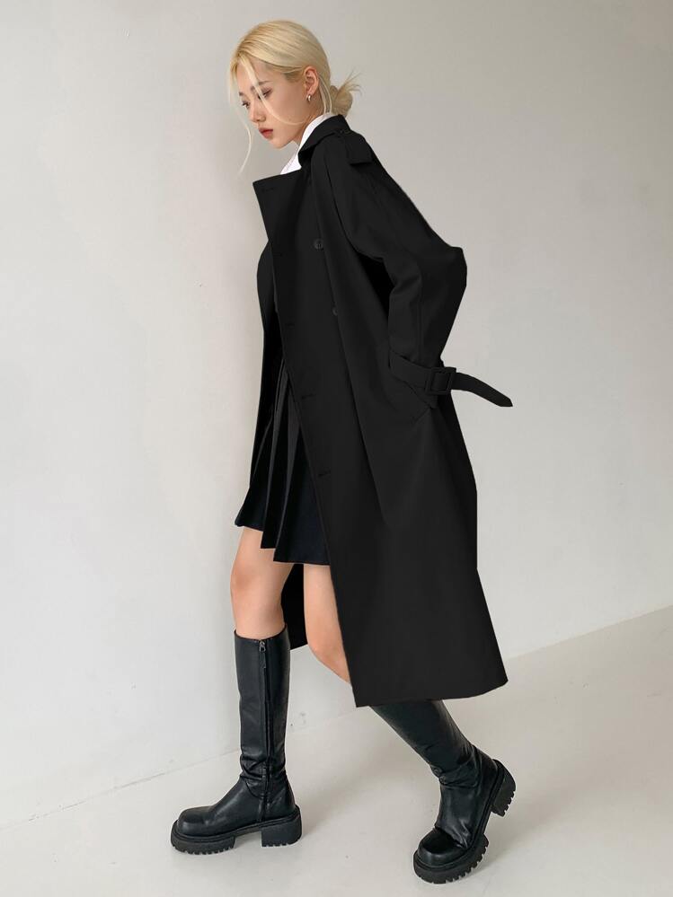 DAZY Raglan Sleeve Epaulettes Design Slit Back Double Breasted Trench Coat,Fall Clothes Women Jacket - Black - View 4