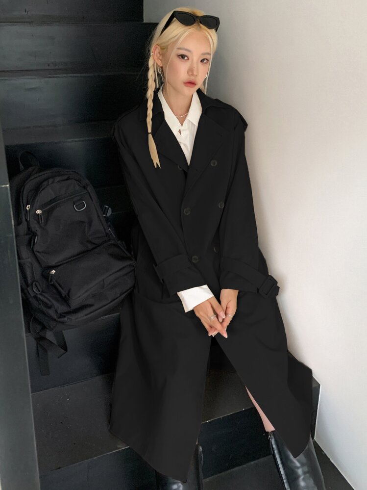 DAZY Raglan Sleeve Epaulettes Design Slit Back Double Breasted Trench Coat,Fall Clothes Women Jacket - Black - View 5