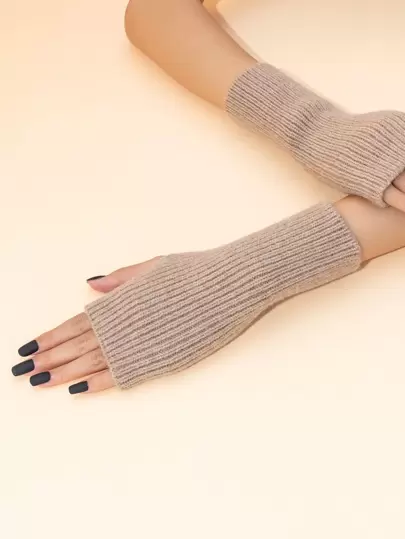 1pair Simple Solid Color Warm Knitted Elastic Gloves