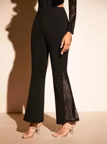 SHEIN BAE 蕾絲拼接喇叭褲 - 黑色 - 查看 1