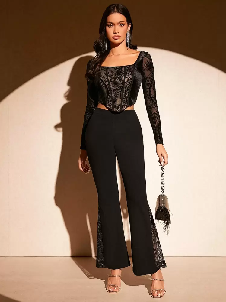 SHEIN BAE Contrast Lace Flare Leg Pants - Black - View 4