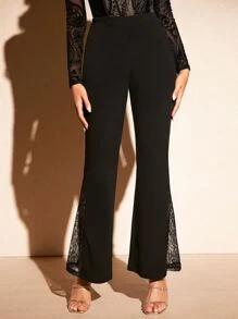 SHEIN BAE 蕾絲拼接喇叭褲 - 黑色 - 查看 5