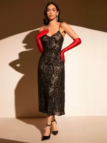 SHEIN Belle Paisley & Floral Print Flocked Cami Dress Without Gloves - Black - View 2