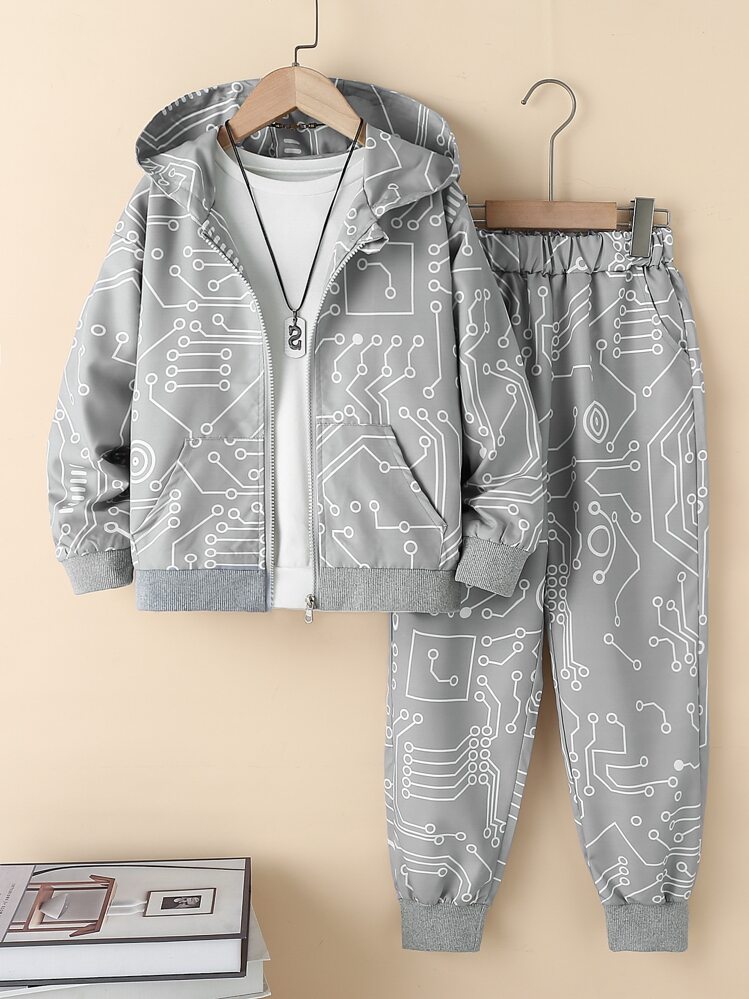 SHEIN Boys Graphic Hooded Jacket & Pants Without Tee - Grey - View 1