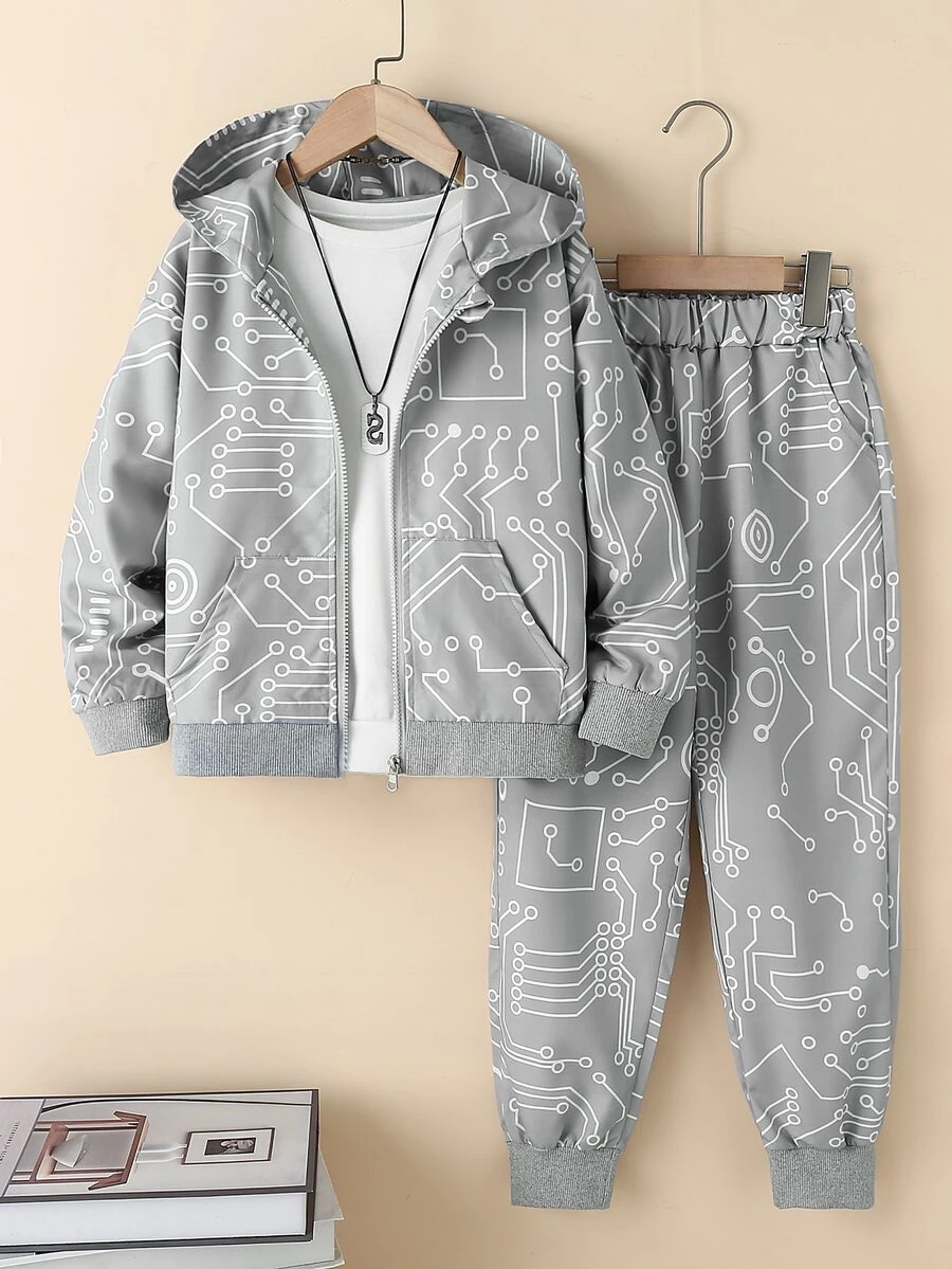 SHEIN Boys Graphic Hooded Jacket & Trousers Without Tee - Grey - View 1