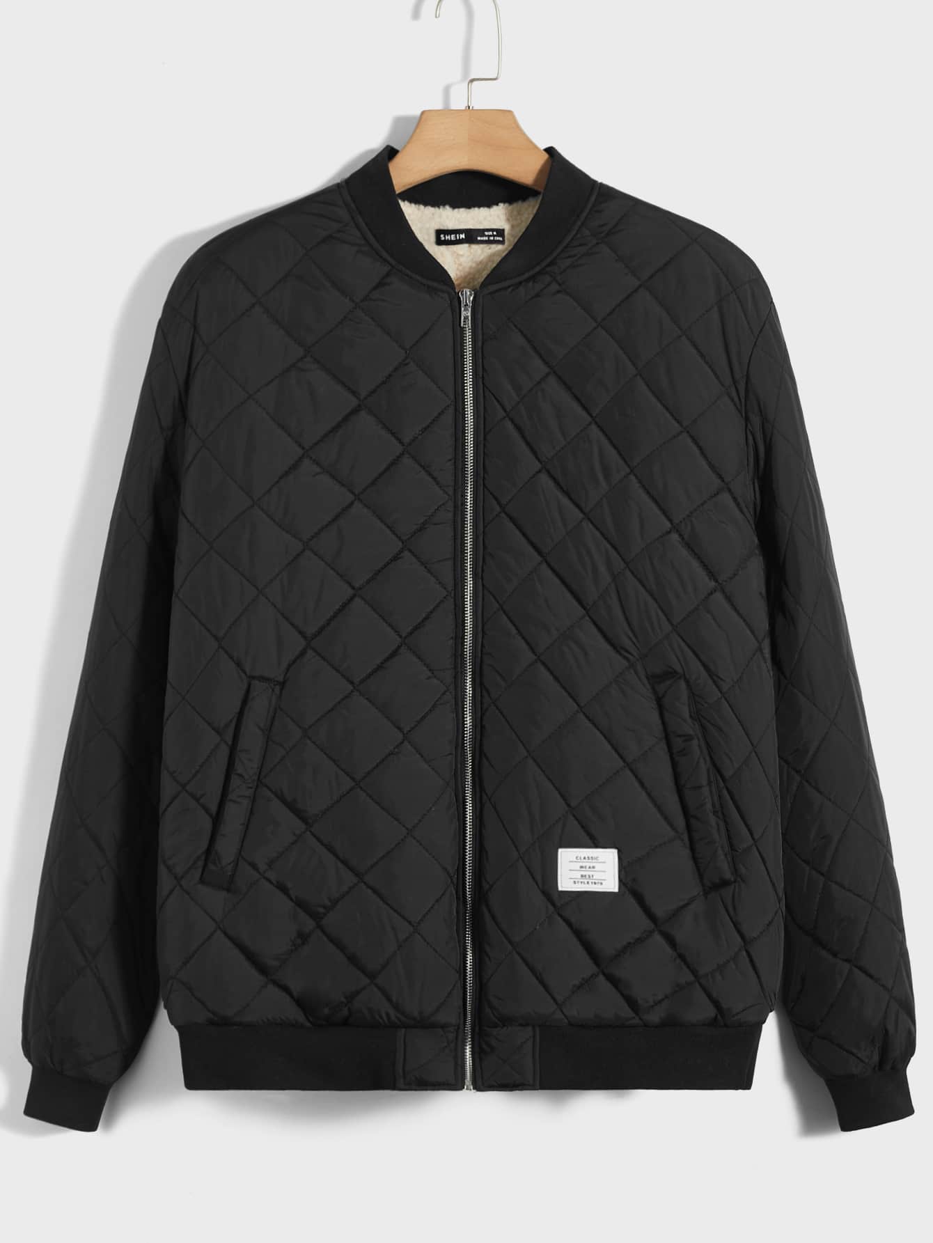 Manfinity VCAY Men's Oversized Quilted Coat With Baseball Collar, Teddy Lining And Letter Embellishment, For Fall Winter - Black - View 3