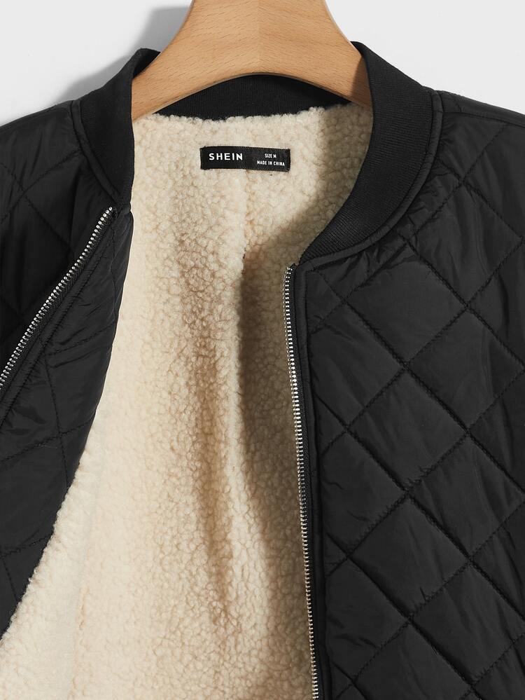 Manfinity VCAY Men's Oversized Quilted Coat With Baseball Collar, Teddy Lining And Letter Embellishment, For Fall Winter - Black - View 6