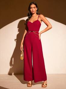 SHEIN Privé Solid Transparent Strap Cami Jumpsuit - Burgundy - View 1