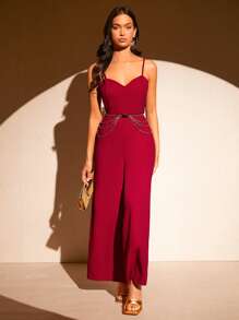 SHEIN Privé Solid Transparent Strap Cami Jumpsuit - Burgundy - View 3