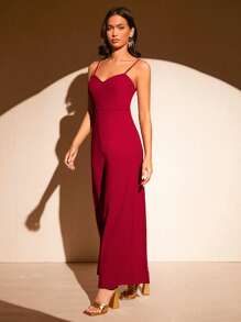 SHEIN Privé Solid Transparent Strap Cami Jumpsuit - Burgundy - View 4