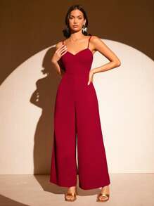 SHEIN Privé Solid Transparent Strap Cami Jumpsuit - Burgundy - View 5