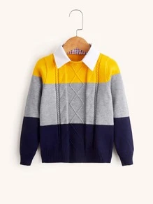 SHEIN Chàng trai trẻ Khối màu Cổ áo tương phản Xoắn Dan Áo len - Nhiều màu - Xem 1