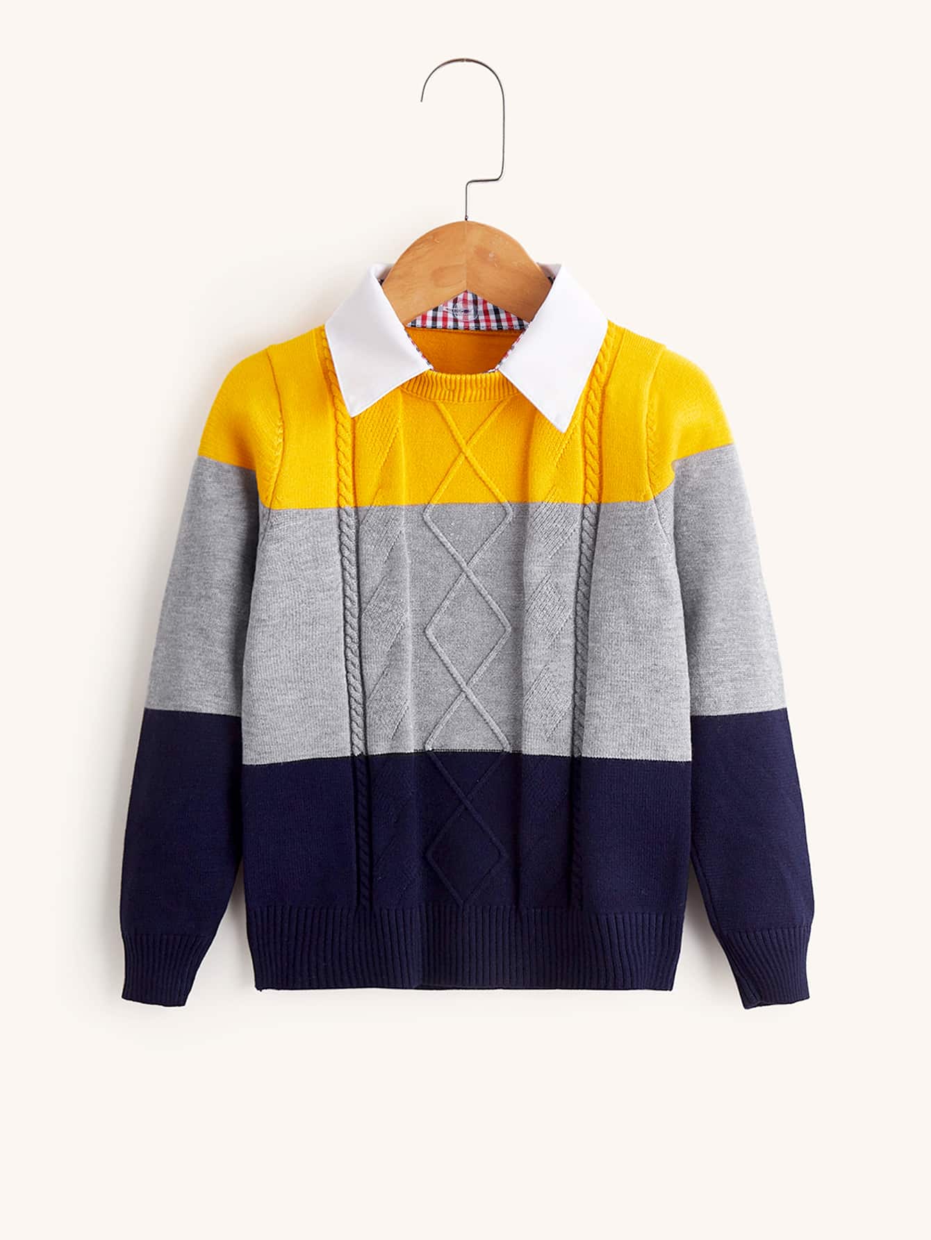 SHEIN Chàng trai trẻ Khối màu Cổ áo tương phản Xoắn Dan Áo len - Nhiều màu - Xem 1