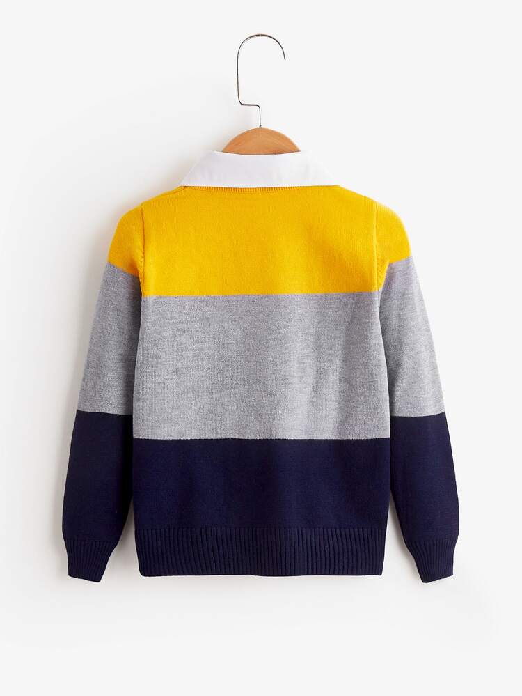 SHEIN Chàng trai trẻ Khối màu Cổ áo tương phản Xoắn Dan Áo len - Nhiều màu - Xem 2