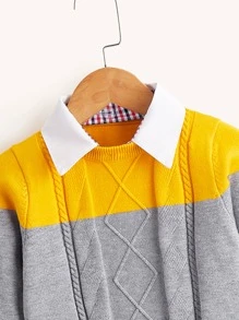 SHEIN Chàng trai trẻ Khối màu Cổ áo tương phản Xoắn Dan Áo len - Nhiều màu - Xem 3