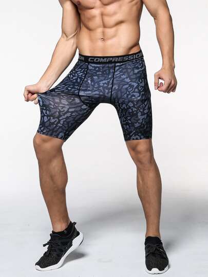 SHEIN Fitness 男友风男式图案印花字母贴带运动紧身裤