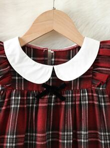 Young Girl Tartan Print Peter-Pan Collar Ruffle Trim Dress - Multicolor - View 6