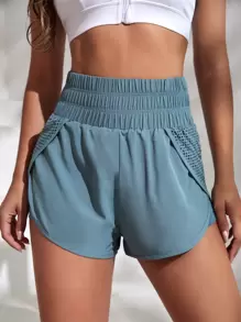 SHEIN Sports Hollow Out Wrap Hem Sports Shorts Blue Shorts Sweater Shorts - Blue - View 3