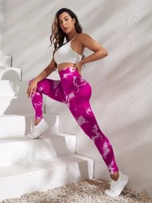 Easithlete Xà cạp Tie Dye Yoga Liền mạch Quần legging tập thể dục mông co giãn cao - Màu Hồng Tươi - Xem 5