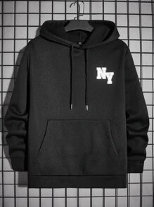 EASEVO Men Plus Letter Graphic Kangaroo Pocket Drawstring Hoodie - Black - View 1