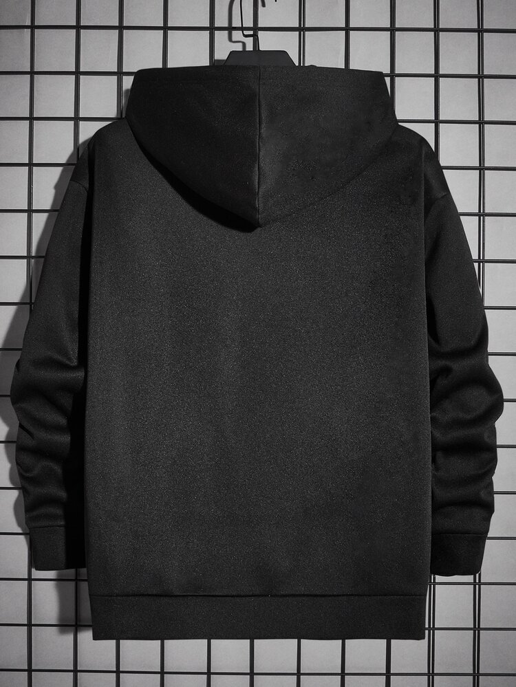 EASEVO Men Plus Letter Graphic Kangaroo Pocket Drawstring Hoodie - Black - View 2