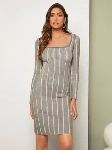 SHEIN Unity 條紋圖案方領毛衣裙 - 摩卡棕 - 查看 1