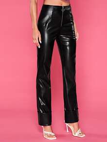 SHEIN BAE O-ring Zip Front PU Leather Trousers - Black - View 3