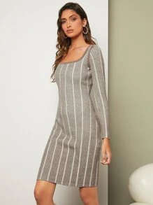 SHEIN Unity 條紋圖案方領毛衣裙 - 摩卡棕 - 查看 5