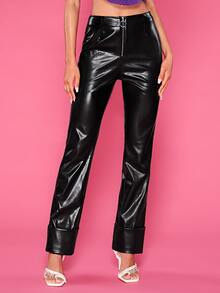 SHEIN BAE O-ring Zip Front PU Leather Trousers - Black - View 5