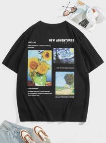 EASEVO Hombres Camiseta con estampado floral con slogan - Negro - Ver 1