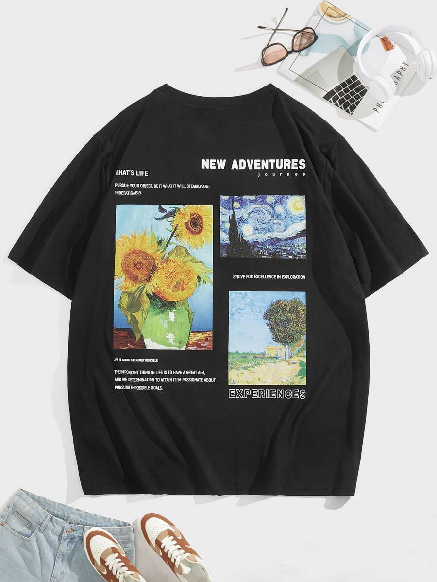 EASEVO Hombres Camiseta con estampado floral con slogan - Negro - Ver 1