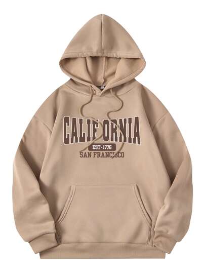Sudadera con capucha con cordón y bolsillo con gráfico de letras, sudadera de manga larga