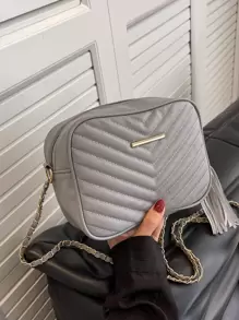 迷你鋸齒紋細節流蘇裝飾鏈條方包 - 灰色 - 查看 1