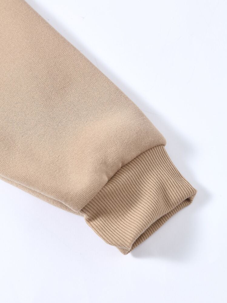 SHEIN EZwear Capucha térmica con estampado de letra con bolsillo de canguro con cordón - Marrón Mocha - Añade 4