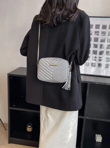 迷你鋸齒紋細節流蘇裝飾鏈條方包 - 灰色 - 查看 2