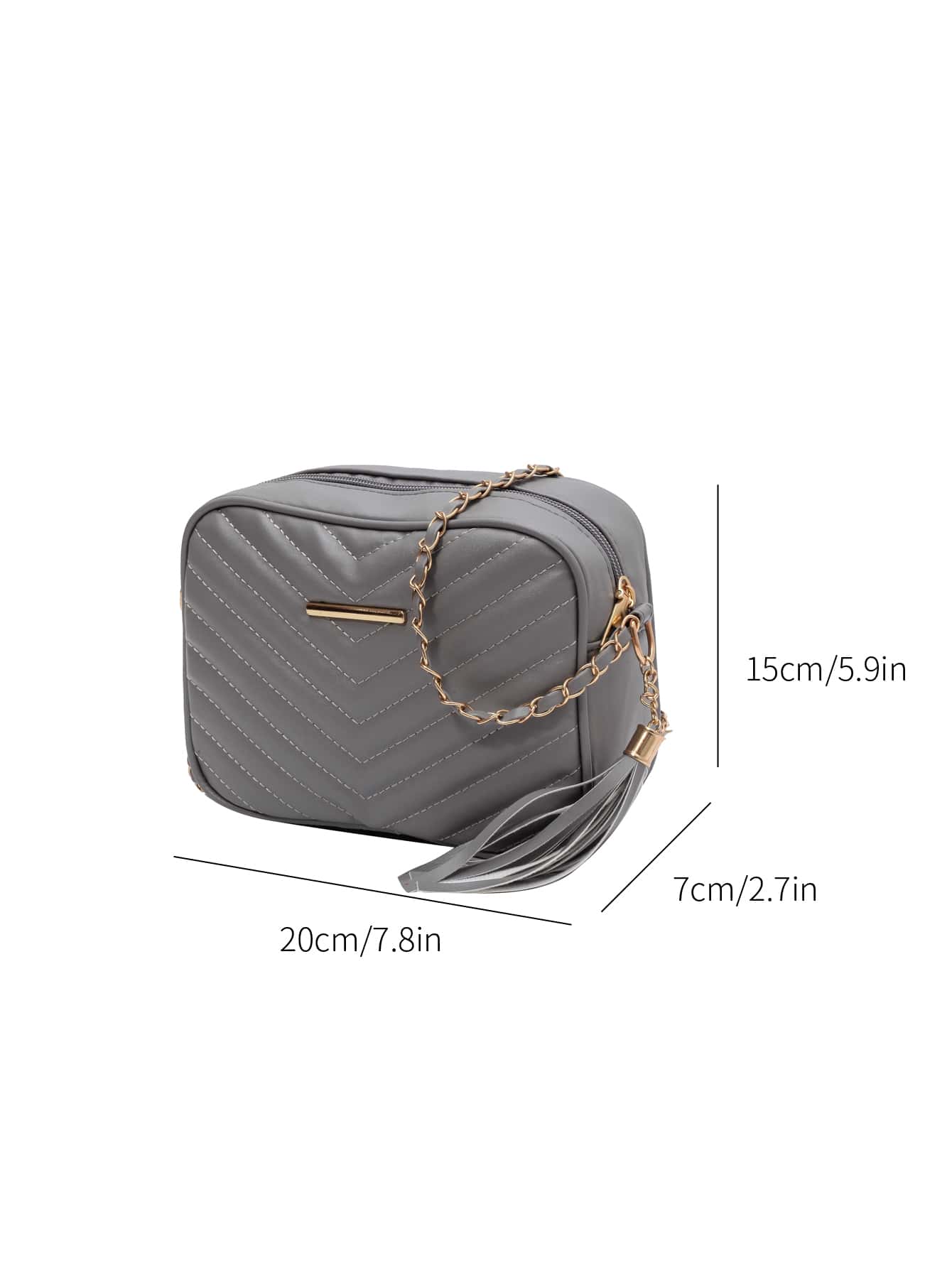 迷你鋸齒紋細節流蘇裝飾鏈條方包 - 灰色 - 查看 3