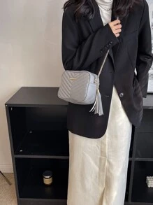 迷你鋸齒紋細節流蘇裝飾鏈條方包 - 灰色 - 查看 4