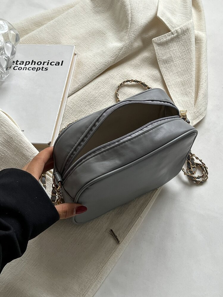 迷你鋸齒紋細節流蘇裝飾鏈條方包 - 灰色 - 查看 5