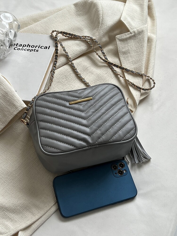 迷你鋸齒紋細節流蘇裝飾鏈條方包 - 灰色 - 查看 6