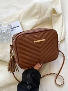 輕便商務休閒迷你 V 形細節流蘇裝飾鏈條方形包適合青少年女孩女大學生、菜鳥和白領非常適合辦公室、大學、工作、商務、通勤、戶外、旅行、郊遊 - 棕色 - 查看 1