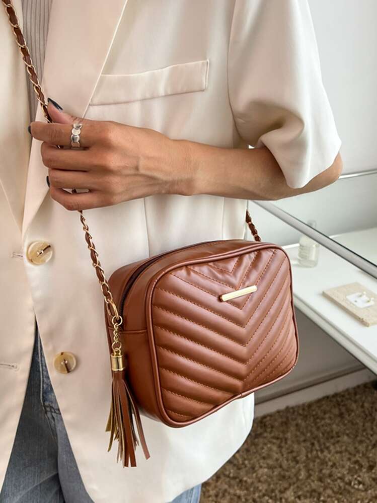 Lightweight,Business Casual Mini Chevron Detail Tassel Decor Chain Square Bag For Teen Girls Women College Students,Rookies & White-collar Workers Perfect for Office,College,Work ,Business,Commute,Outdoors, Travel, Outings - Brown - View 2