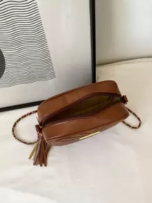 輕便商務休閒迷你 V 形細節流蘇裝飾鏈條方形包適合青少年女孩女大學生、菜鳥和白領非常適合辦公室、大學、工作、商務、通勤、戶外、旅行、郊遊 - 棕色 - 查看 3