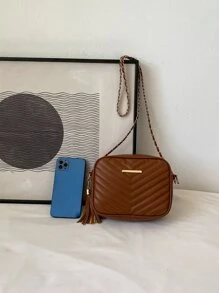 輕便商務休閒迷你 V 形細節流蘇裝飾鏈條方形包適合青少年女孩女大學生、菜鳥和白領非常適合辦公室、大學、工作、商務、通勤、戶外、旅行、郊遊 - 棕色 - 查看 4