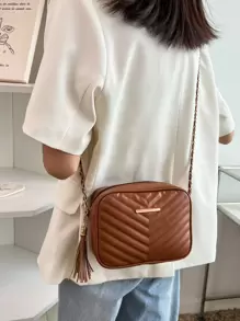 輕便商務休閒迷你 V 形細節流蘇裝飾鏈條方形包適合青少年女孩女大學生、菜鳥和白領非常適合辦公室、大學、工作、商務、通勤、戶外、旅行、郊遊 - 棕色 - 查看 5