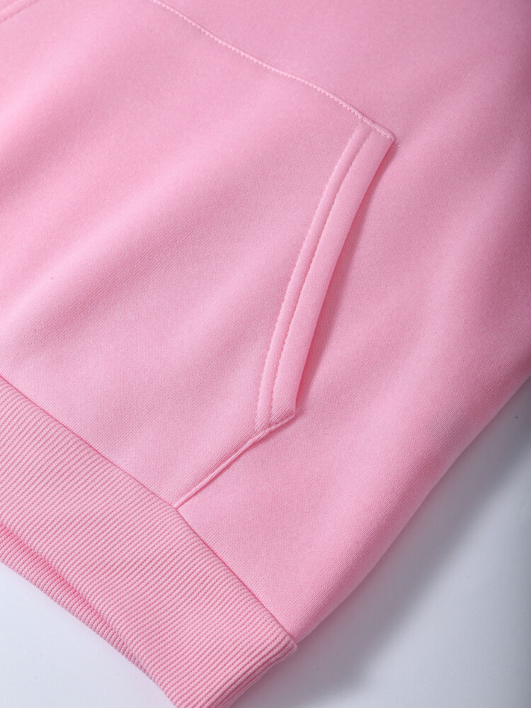 SHEIN EZwear 字母圖案袋鼠口袋抽繩保暖連帽衫 - 粉色 - 查看 7