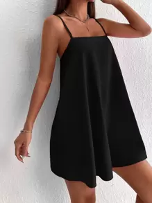 SHEIN PETITE 纯色吊带连衣裙 - 黑色 - 查看 3