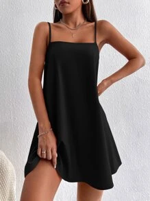 SHEIN PETITE 纯色吊带连衣裙 - 黑色 - 查看 5