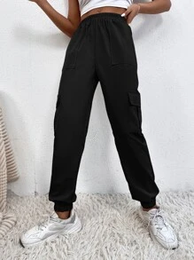 SHEIN PETITE 側翻蓋口袋工裝褲 - 黑色 - 查看 1
